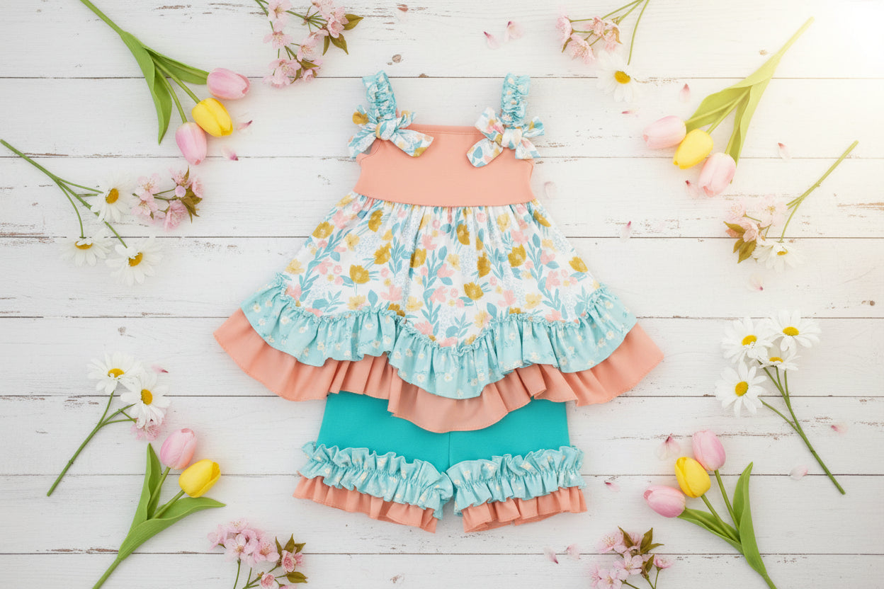 Peach & Mint Floral Ruffle Tunic & Ruffle Shorts