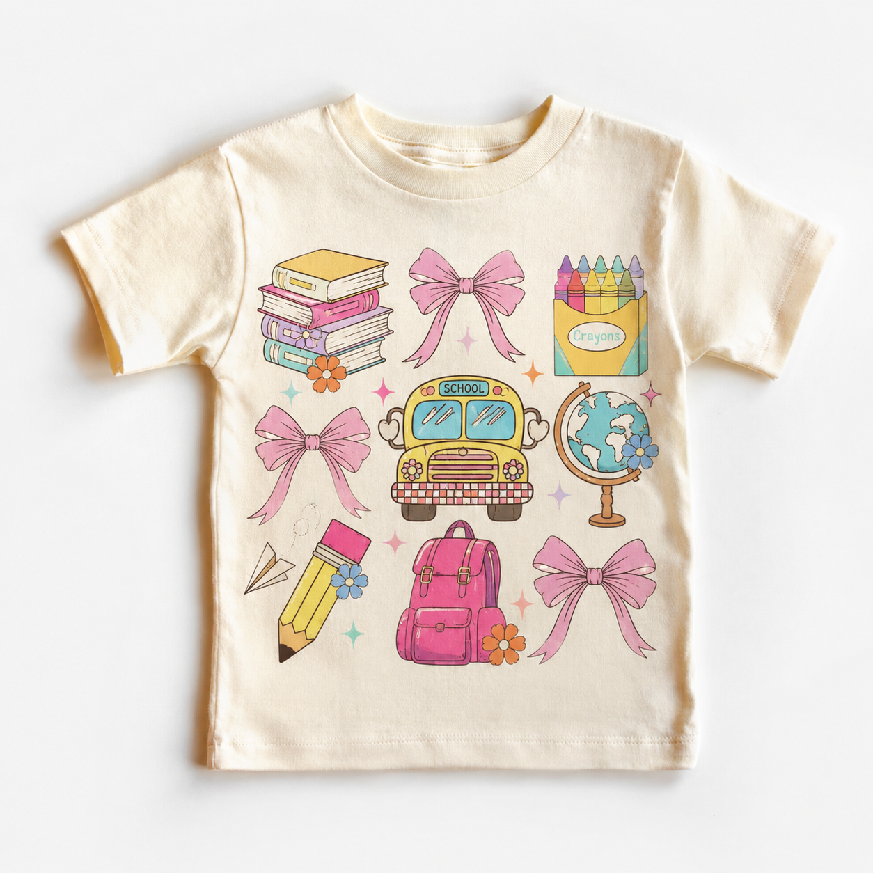 Girls Back to School Shirt, Pink Bow School Supplies Tee, Coquette School Bus Kids Teacher Tee