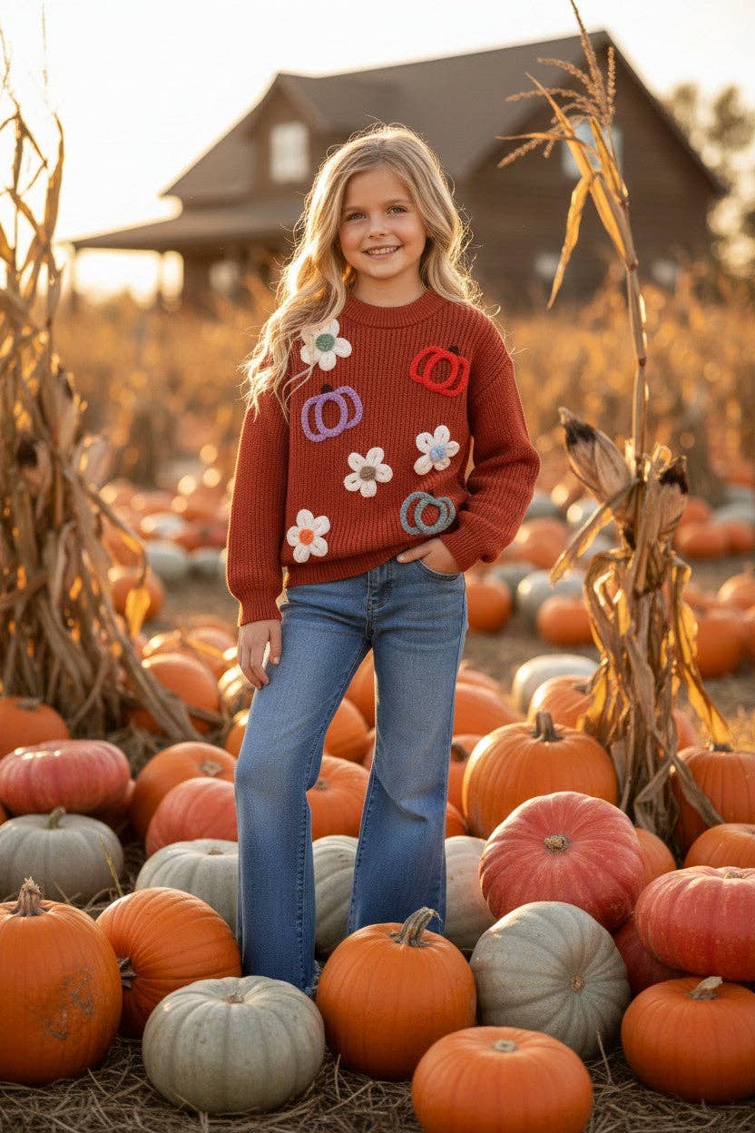 Flower & pumpkin embroidered on knitted sweater. TPG60459 Amy