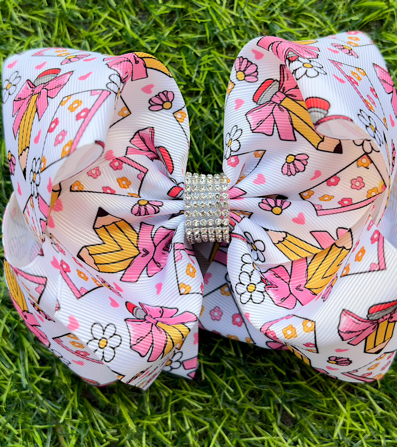 Pencil & Flower printed back to school double layer hair bows. BW-DSG-5144