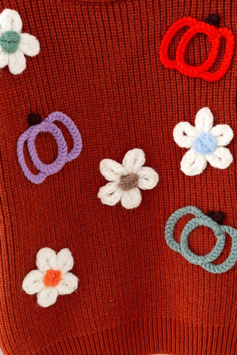 Flower & pumpkin embroidered on knitted sweater. TPG60459 Amy