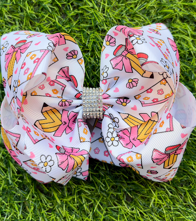 Pencil & Flower printed back to school double layer hair bows. BW-DSG-5144