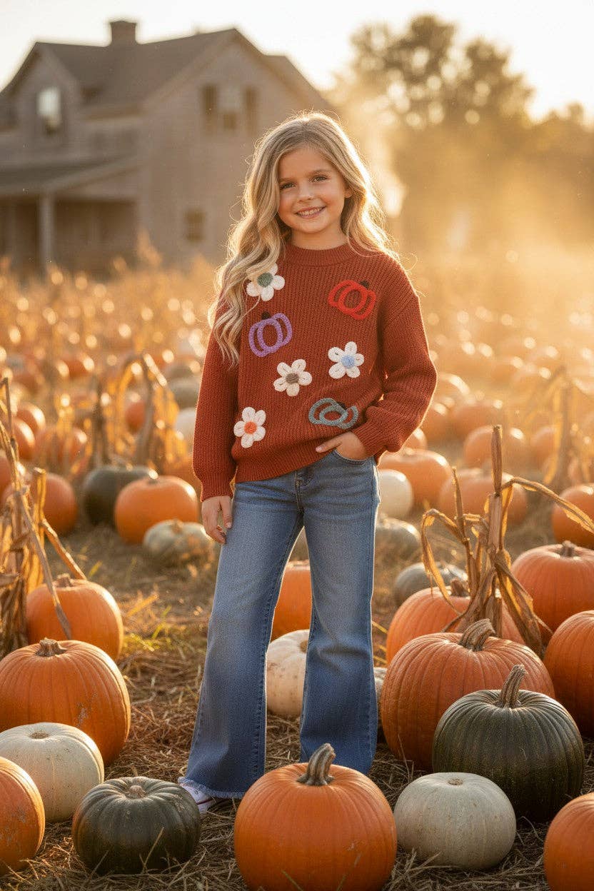 Flower & pumpkin embroidered on knitted sweater. TPG60459 Amy