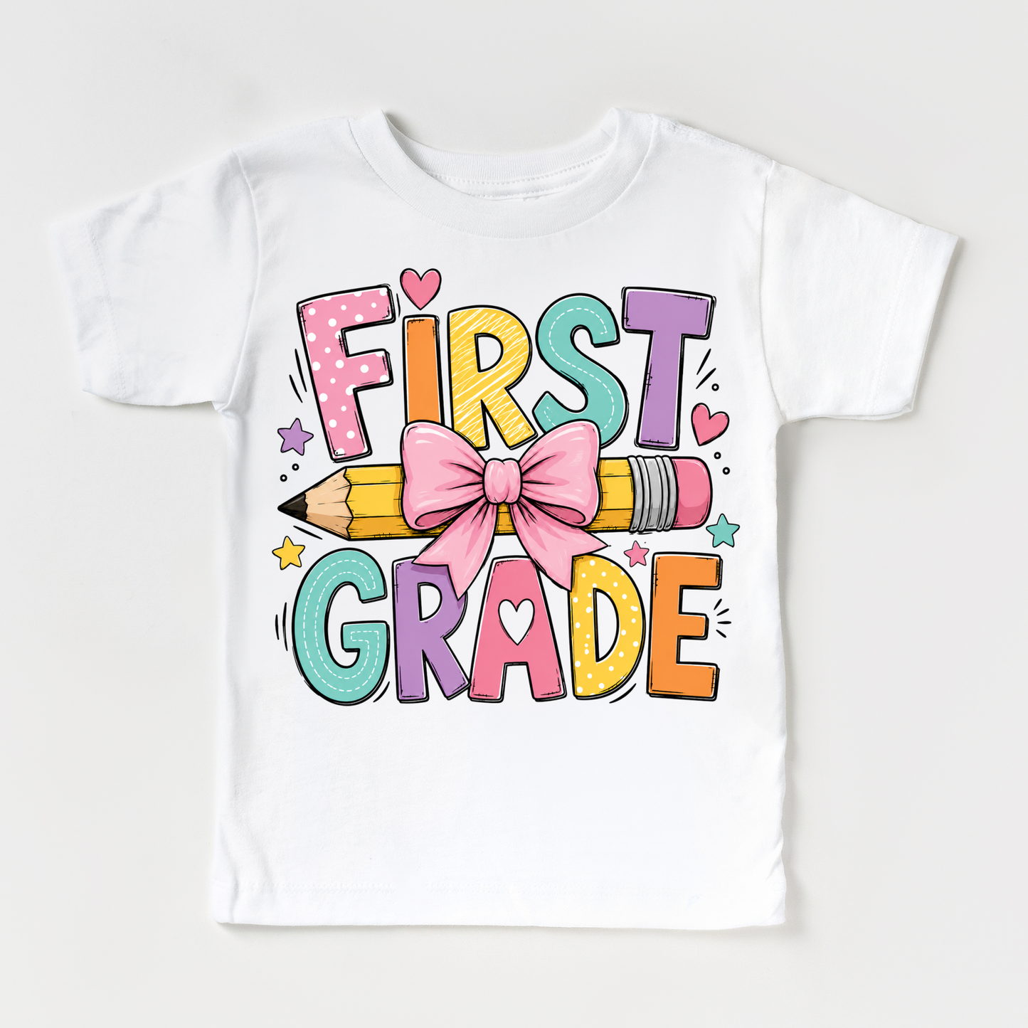 First Grade Pencil Bow Shirt, Girls Back To School Tee, Cute 1st Grade Teacher Student Shirt, First Day Of School Graphic Tee